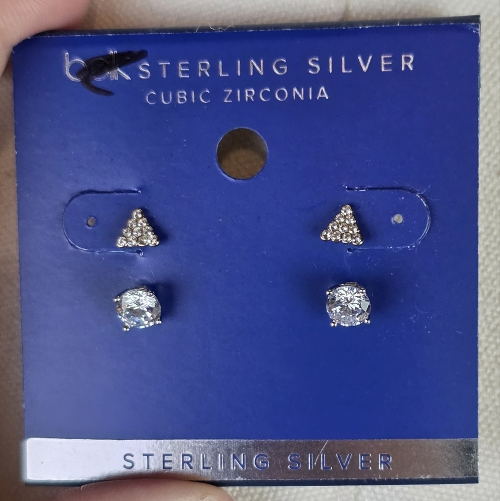 Belk Sterling Silver CZ Stud Earrings Set Triangle & Round New